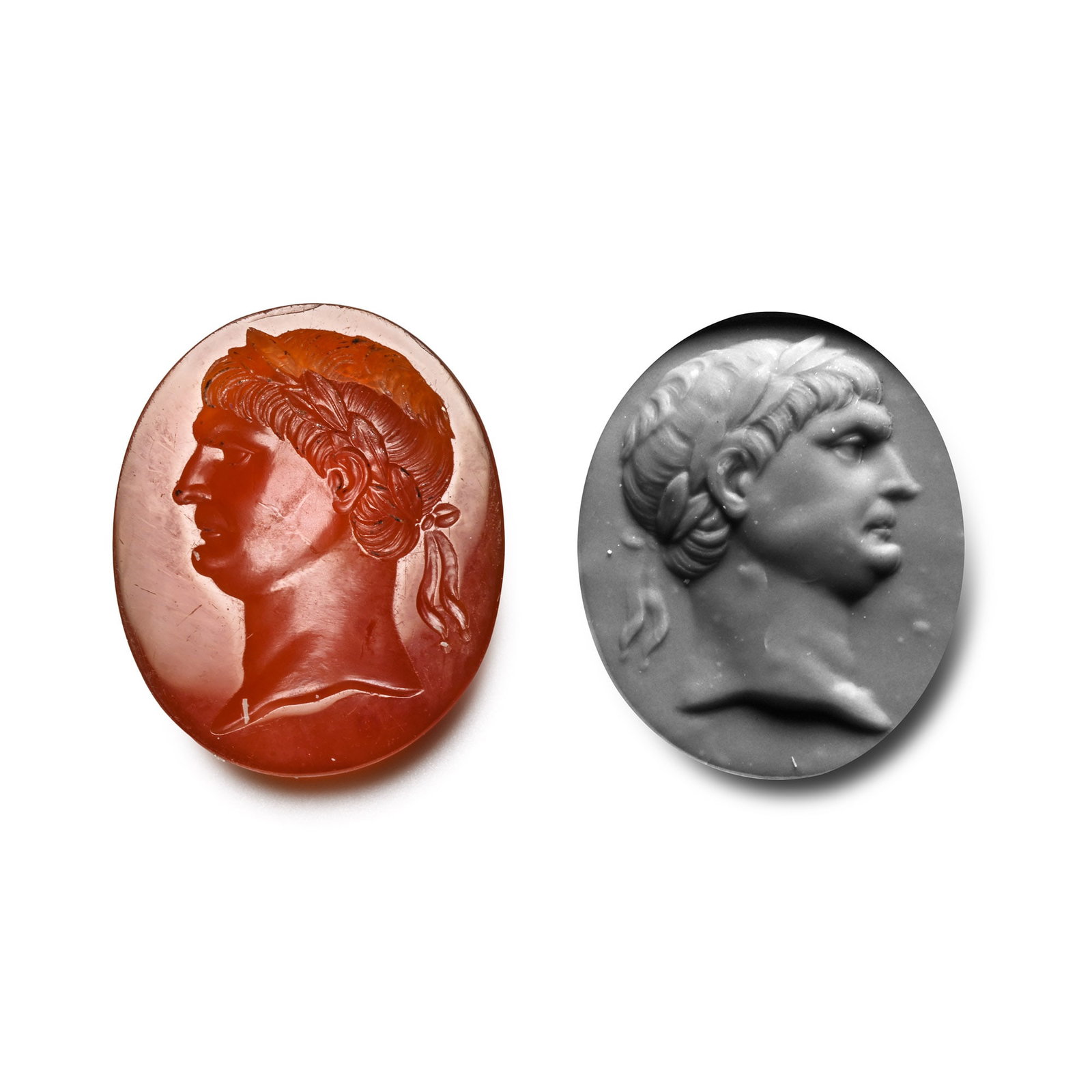 Neoclassical Carnelian Gemstone of Roman Emperor Trajan: Italy, 18th century A.D. Intaglio profile bust with short hair and laurel wreath; supplied with a museum-quality impression. 3.01 grams, 21 mm (7/8 in.). Private English collection, formed between the