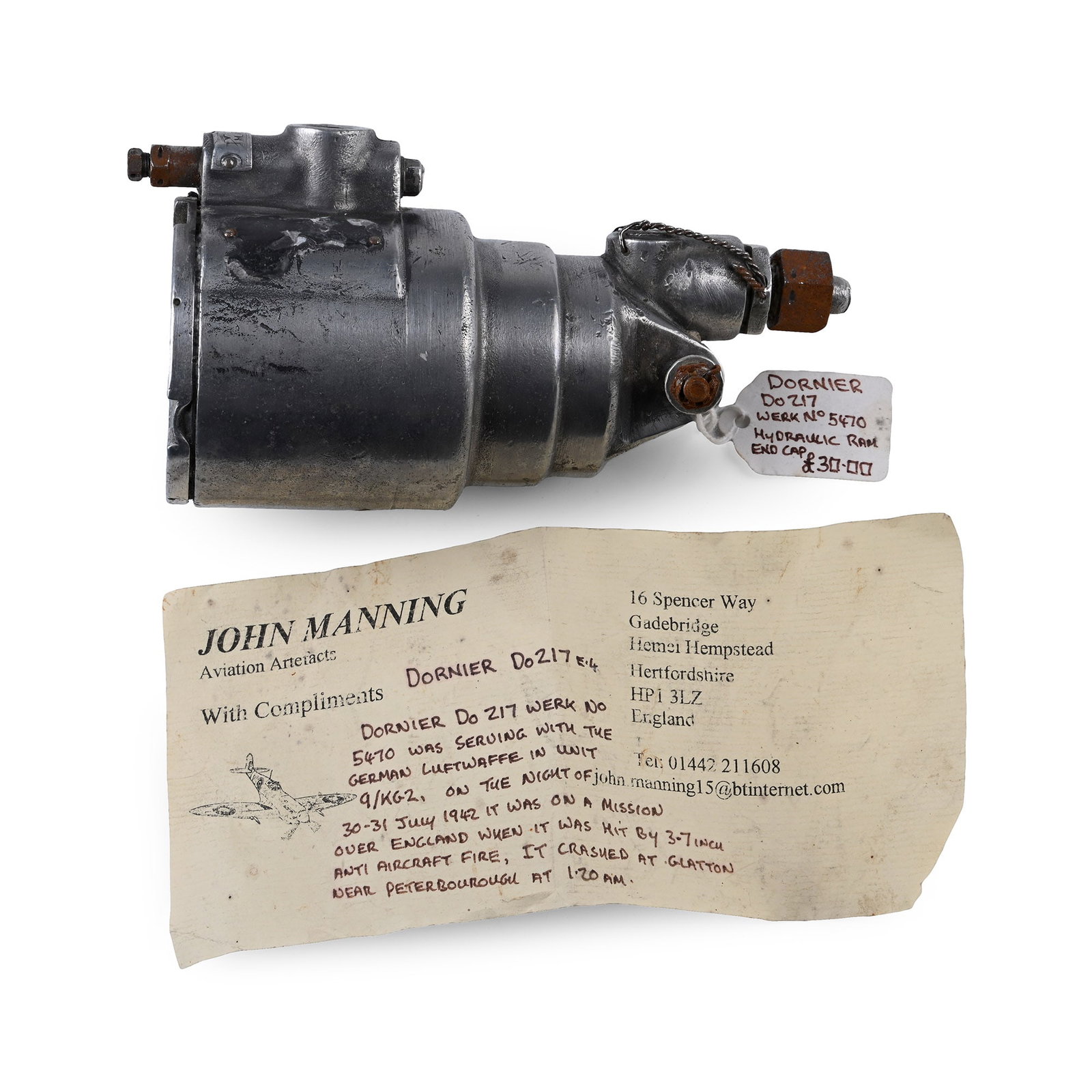 German Luftwaffe WWII Crashed Dornier Do 217 WERK No 5470 Aircraft Hydraulic Ram End Cap (1 of 1)