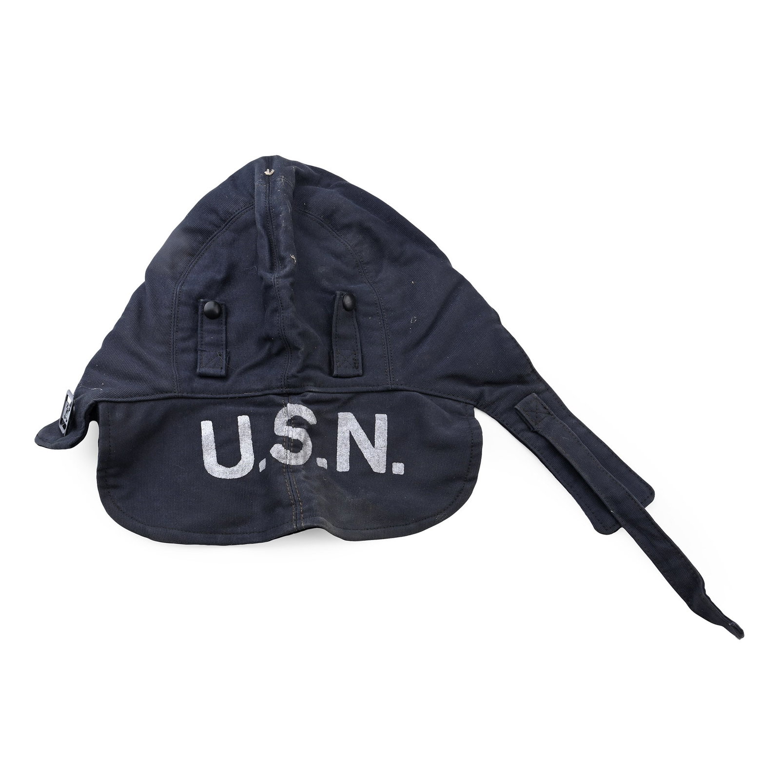 US Navy Pacific WWII Flying Helmet: 1939-1945 A.D. Dark blue lined fabric cap with chin strap, stamped 'U.S.N.' at the neck flap. 176 grams, 33.5 cm high (13 1/8 in.). [No Reserve] Acquired on the UK art market. Property of an Essex mil