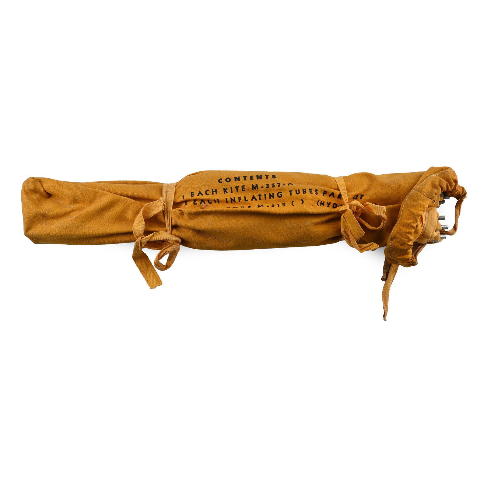 RAF WWII Aircraft Life Raft Signalling Kite in Original Sock: 1939-1945 A.D. Comprising a yellow canvas pouch, metal poles and fabric sails. 460 grams, sock: 51.5 cm (20 1/4 in.). [No Reserve] Acquired on the UK art market. Property of an Essex militaria collect