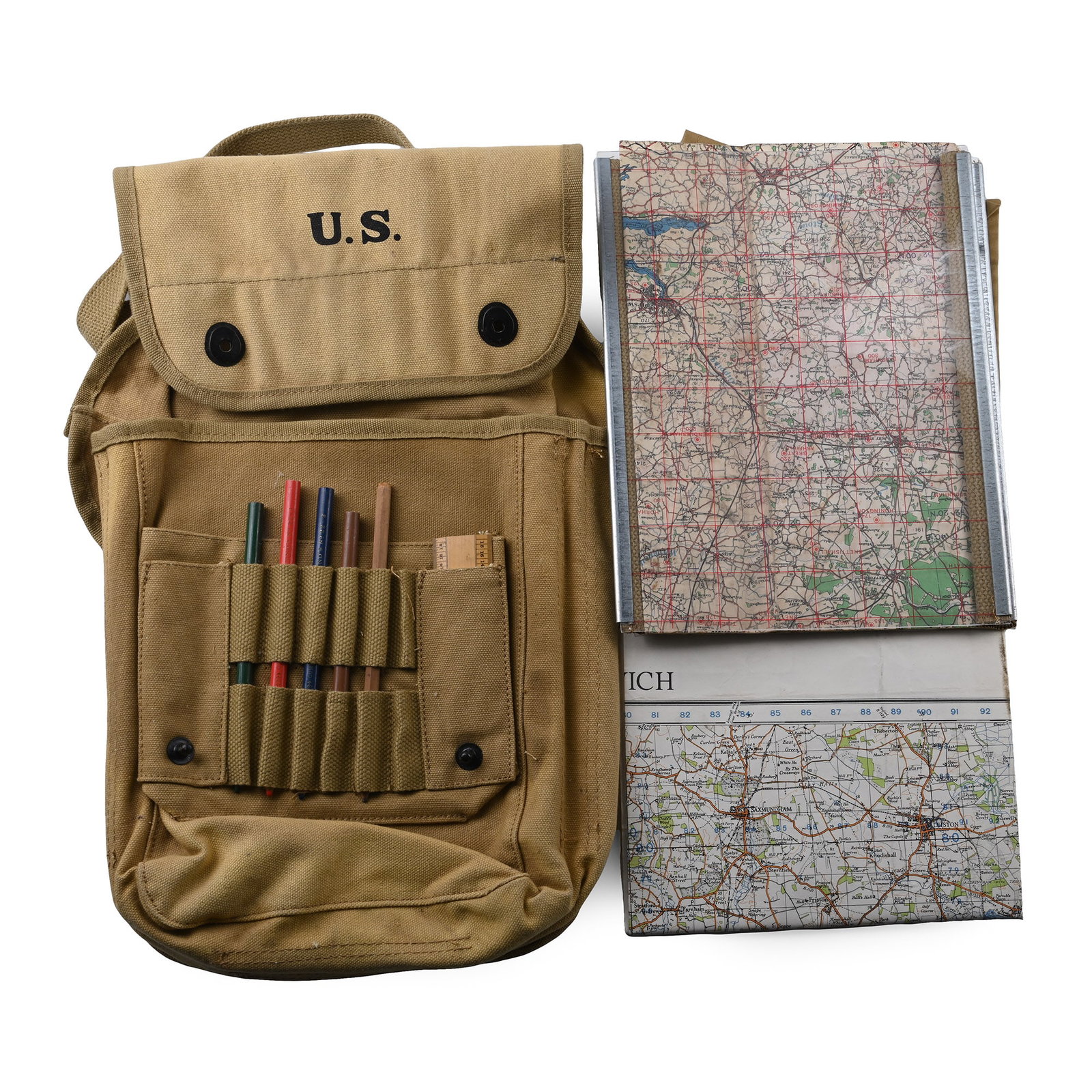 American US Air Force WWII Map Case and Original Contents: 1939-1945 A.D. Comprising: a canvas bag with a strap handle, four coloured pencils and a pencil, a map of Ipswich (second war revision 1940, sheet 87), a map of East Anglia (graticule edition), and a 