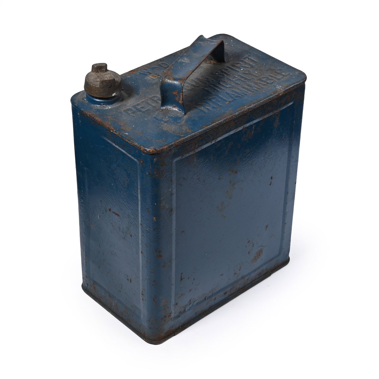British Army WWII Petrol Can: 1944 A.D. Blue metal can with a screwtop and text 'W D / 1944 / PETROLEUM SPIRIT HIGHLY INFLAMMABLE'. 1.5 kg, 32.2 cm high (12 5/8 in.). [No Reserve] Acquired on the UK art market. Property of an Esse