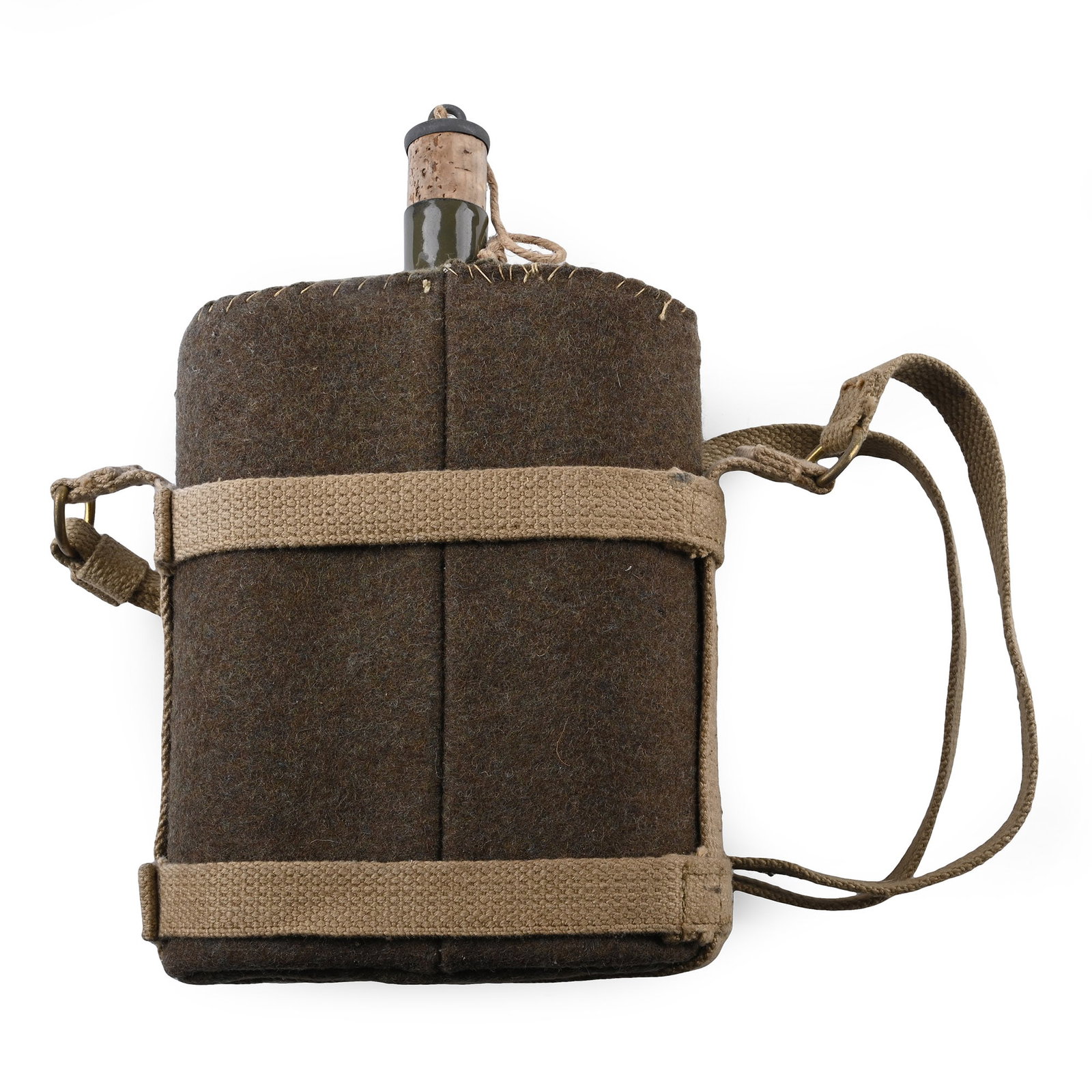 Royal Air Force WWII Water Bottle: 1939-1945 A.D. Green metal water bottle with green serge cover, cork and fabric cradle. 498 grams, 24.1 cm (9 1/2 in.). [No Reserve] Acquired on the UK art market. Property of an Essex militaria colle
