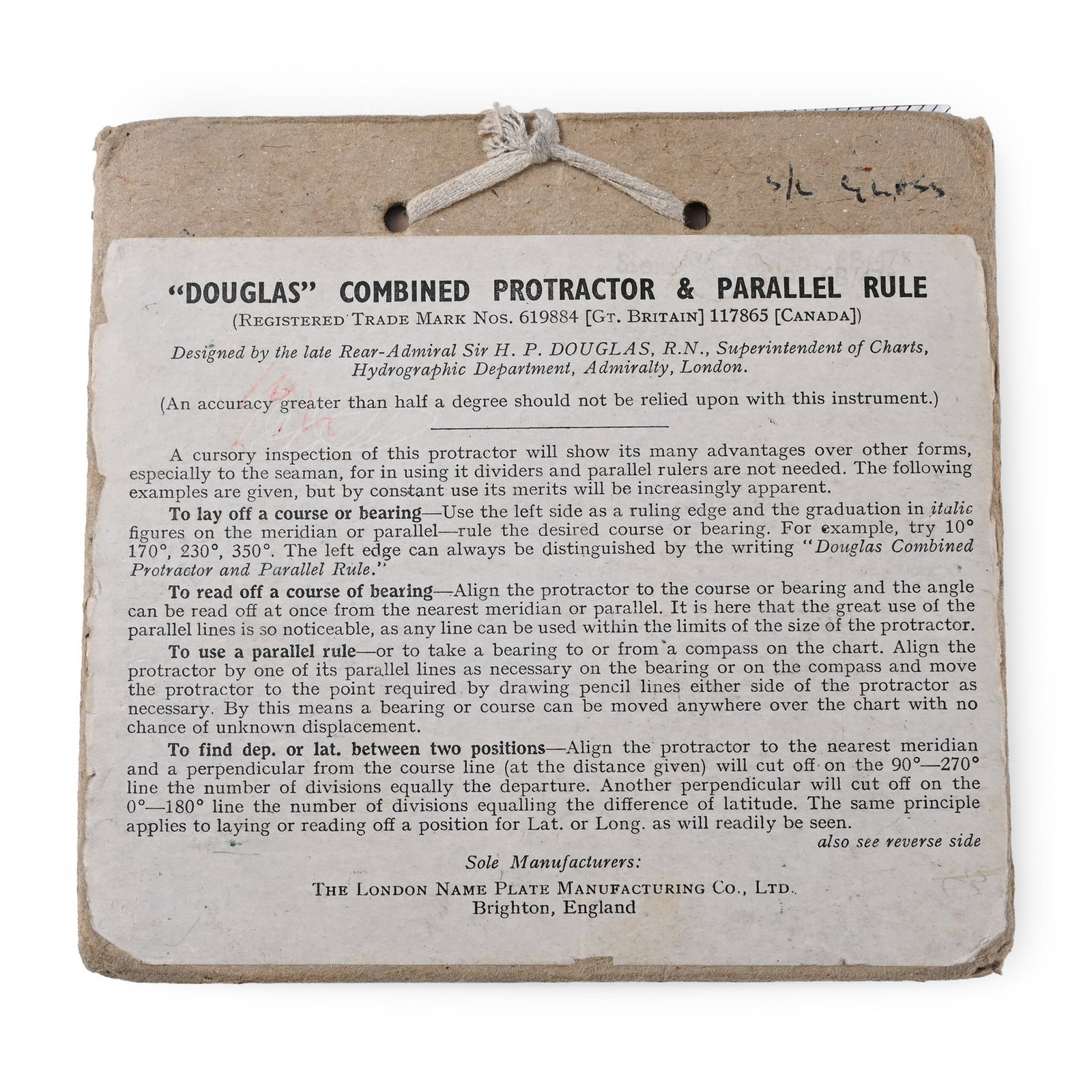 British RAF WWII Aircraft Navigator's Protractor: 1939-1945 A.D. Perspex protractor and parallel rule in card sleeve with instructions for use and securing tape. 61 grams, case: 13 x 13.7 cm (5 1/8 x 5 3/8 in.). [No Reserve] Acquired on the UK art ma