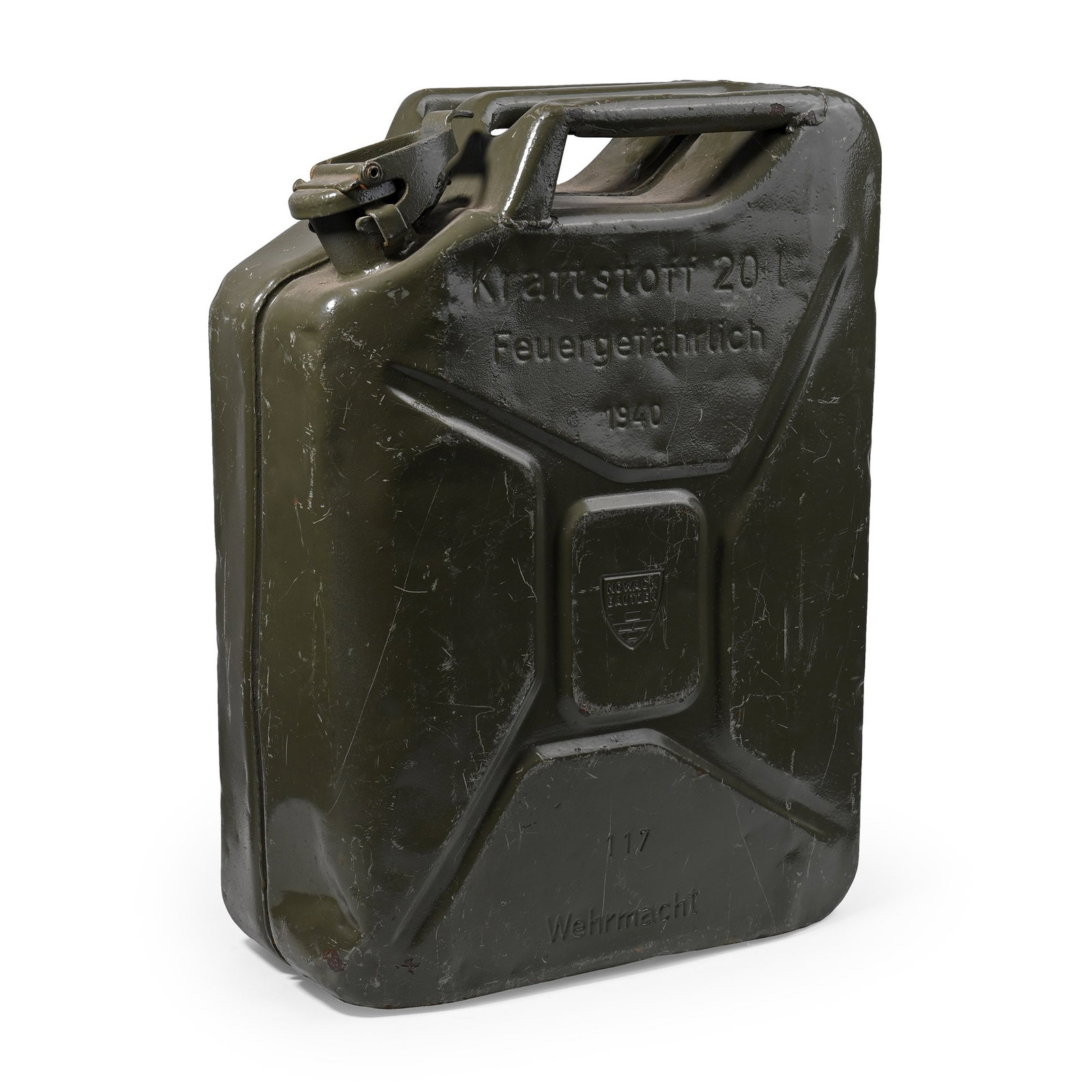 German WWII Fuel Jerrycan: 1940 A.D. Large jerrycan with text 'Kraftsoff 20 / Feuergefahrlich / 1940'. 4.15 kg, 47 cm (18 1/2 in.). [No Reserve] Acquired on the UK art market. Property of an Essex militaria collector. TimeLine 