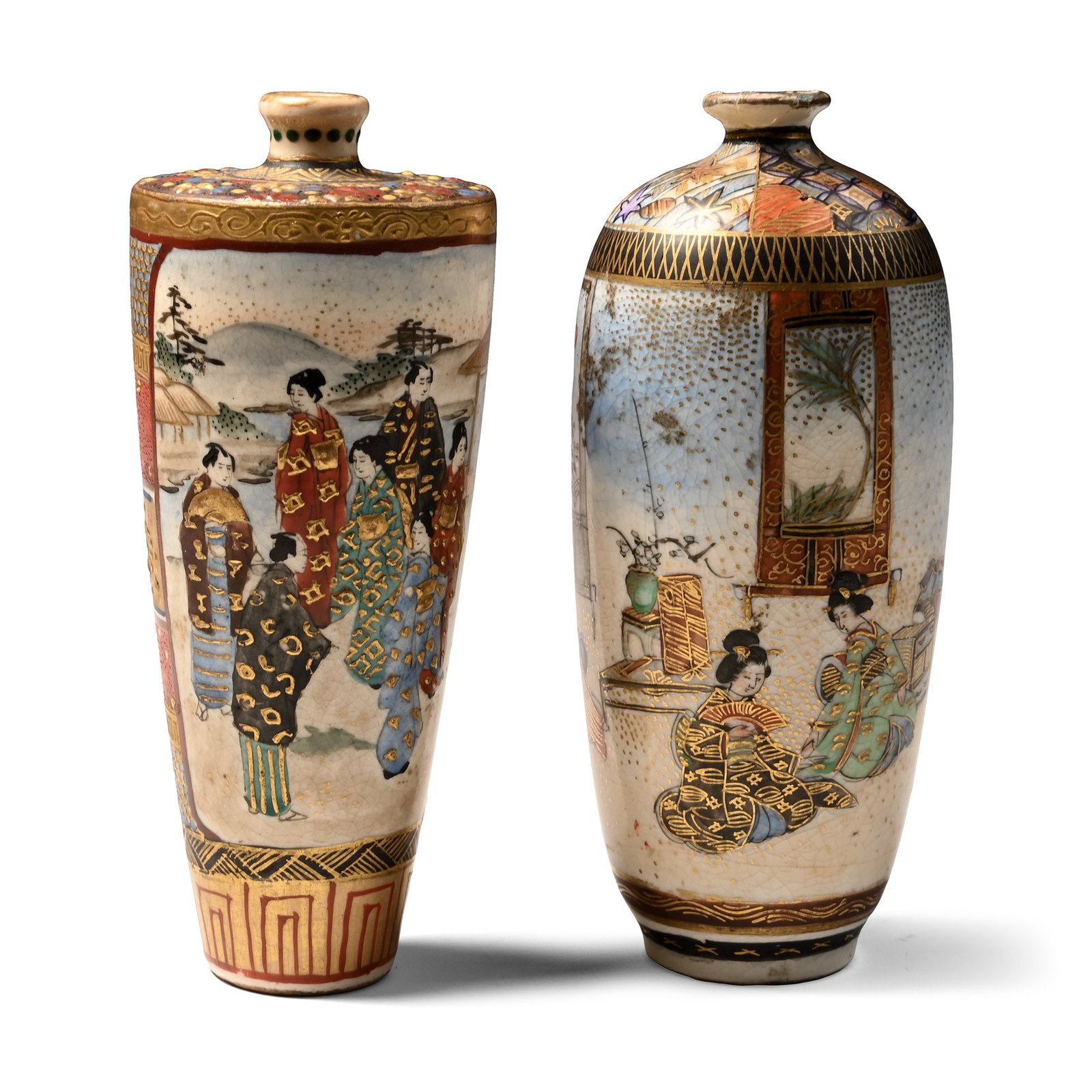 Satsuma Miniature Gilt Ceramic Vase Group: Early 20th century A.D. One fusiform with painted scene of courtly ladies kneeling, artistic images on display, reserved gilt chop-seal to underside; one conical with outdoor scenes of richly dressed 