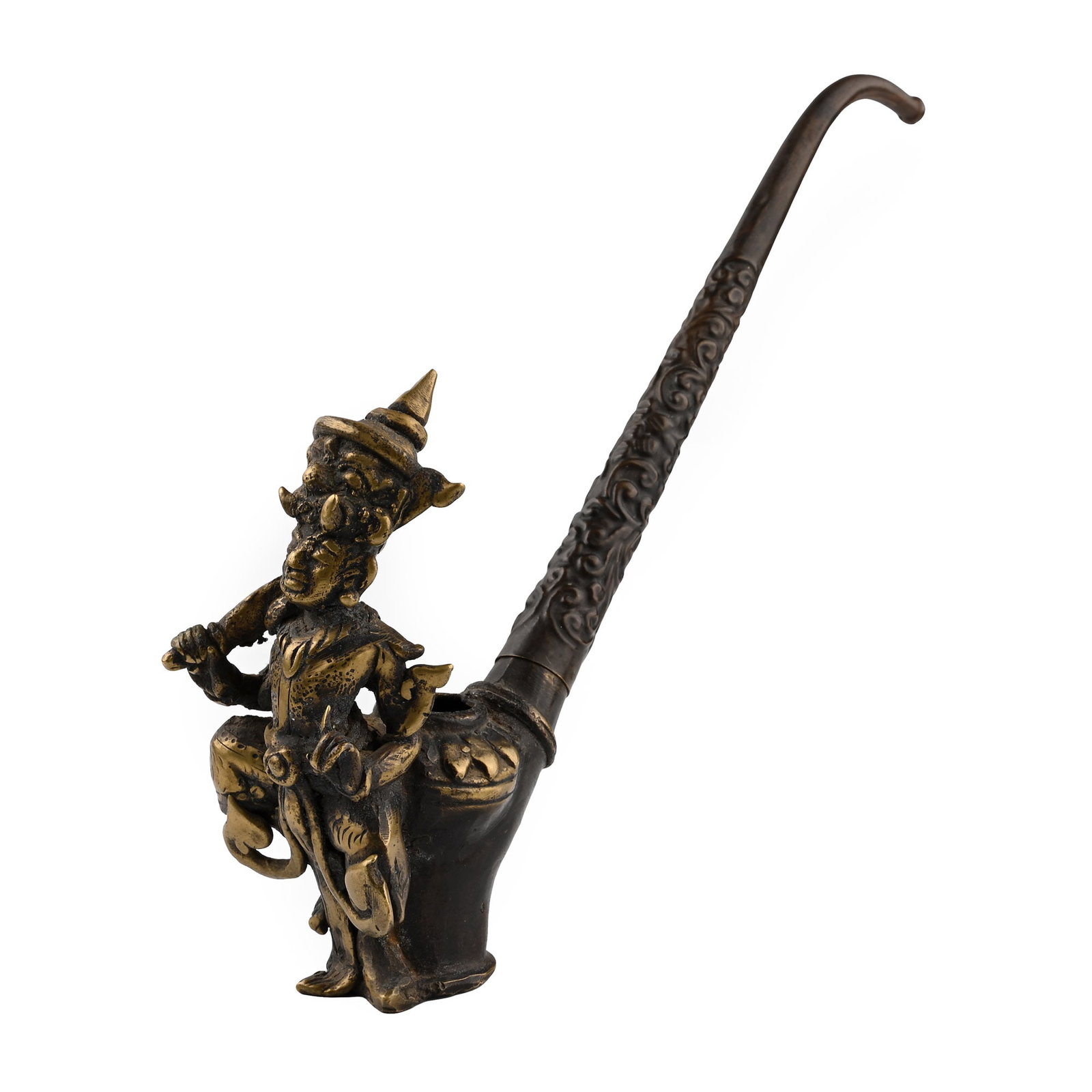 Indian Bronze Figural Opium Pipe: 20th century A.D. With separate tapering stem curved at the end and decorated with repoussé scrolls, bowl formed as a deity(?) standing on one leg grasping a leaf-shaped dagger in his right hand, wit