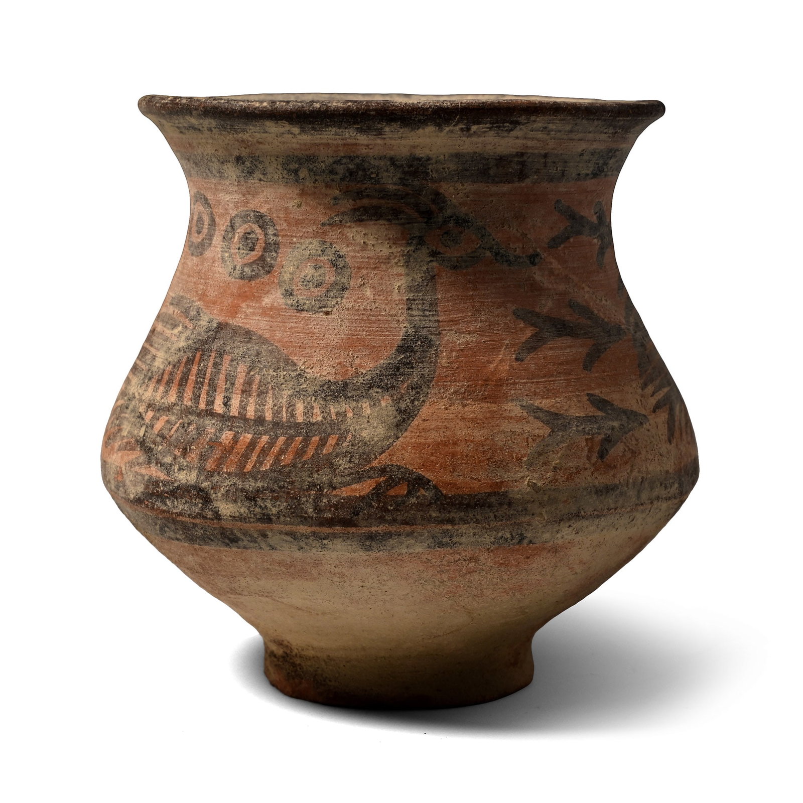 Indus Valley Terracotta Vessel with Birds: 3rd-2nd millennium B.C. With narrow base, biconvex body and flared rim; panels of avian decoration below the rim. 108 grams, 80 mm (3 1/8 in.). [No Reserve] From the private collection of the late Dav
