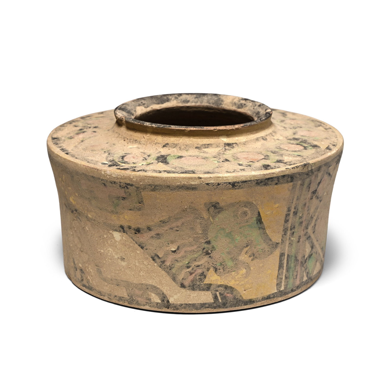 Indus Valley Terracotta Vessel with Animals: 3rd-2nd millennium B.C. With a sloping sidewall, flat shoulder and everted rim to the broad mouth; painted geometric bands and zoomorphic panels on the side and shoulder. See Satyawadi, S., Proto-Hist