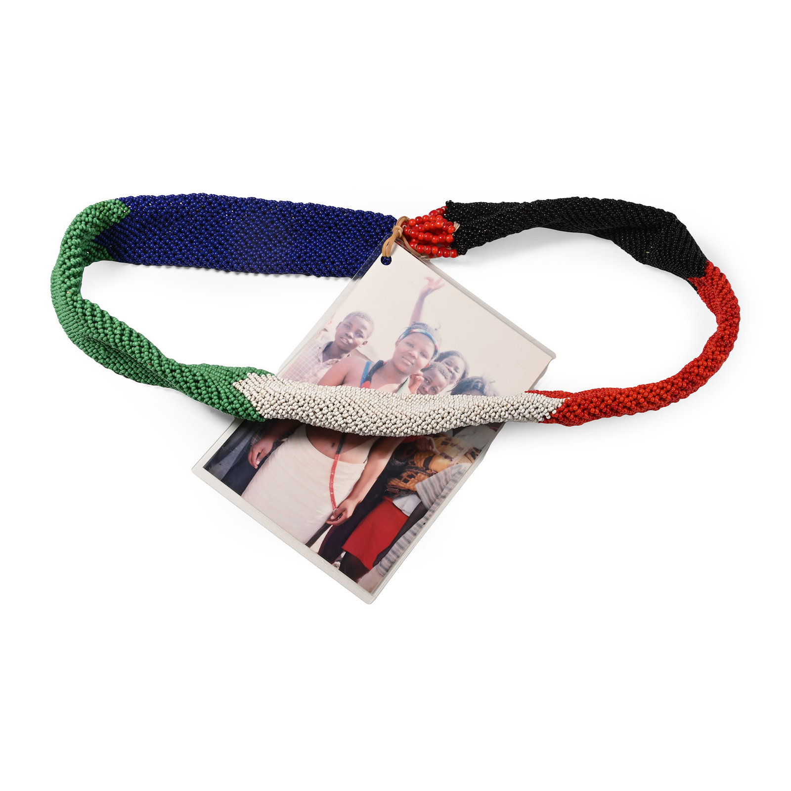 Zulu Woman's 'Ujiza' Collar and Photograph of Ms Tandile Xaba A Descendant of the Owner: 20th century A.D. Intricately woven using small beads in black, red, white, green and blue. 244 grams total, collar: 76 cm long (29 7/8 in.). [No Reserve] Collected in October 2003 from the Silutshana