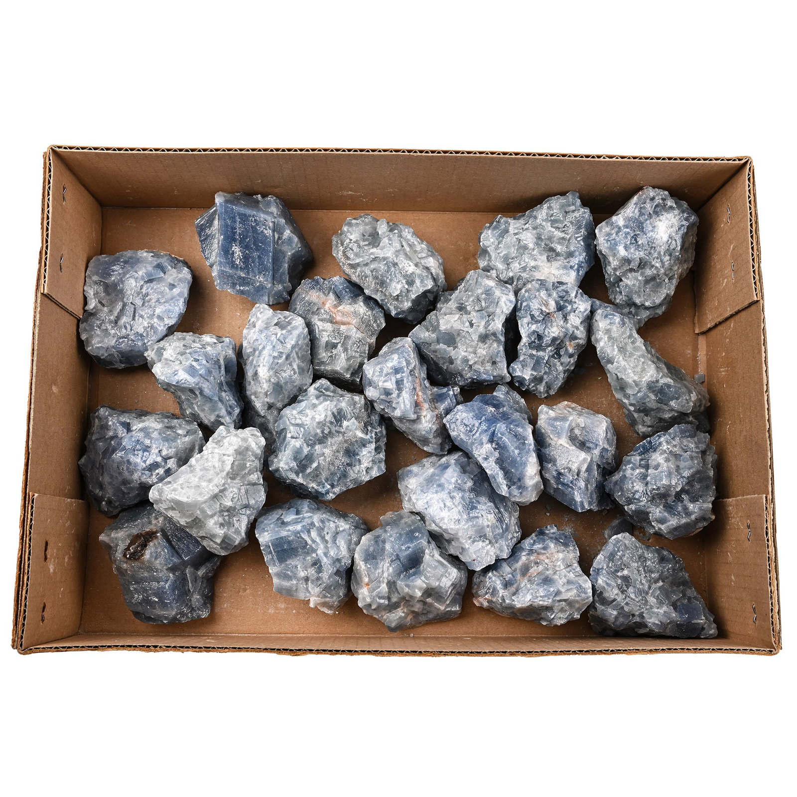 Group of Twenty Four [24] Large Blue Calcite Crystal Display Chunks: Irregular chunks of light to dark blue calcite. 5.18 kg total including box, 7.4-11 cm (3 - 4 3/8 in.). [24, No Reserve] From Morocco, West Africa. Ex Mineral Imports, London, UK. Gregory, Bottley & L