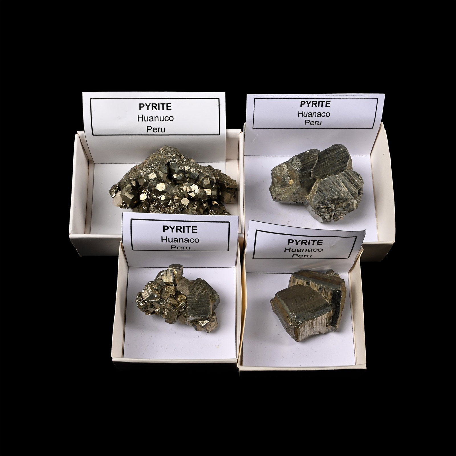 Group of Four [4] Boxed Large Huanuco Pyrite Crystal Specimens (1 of 1)