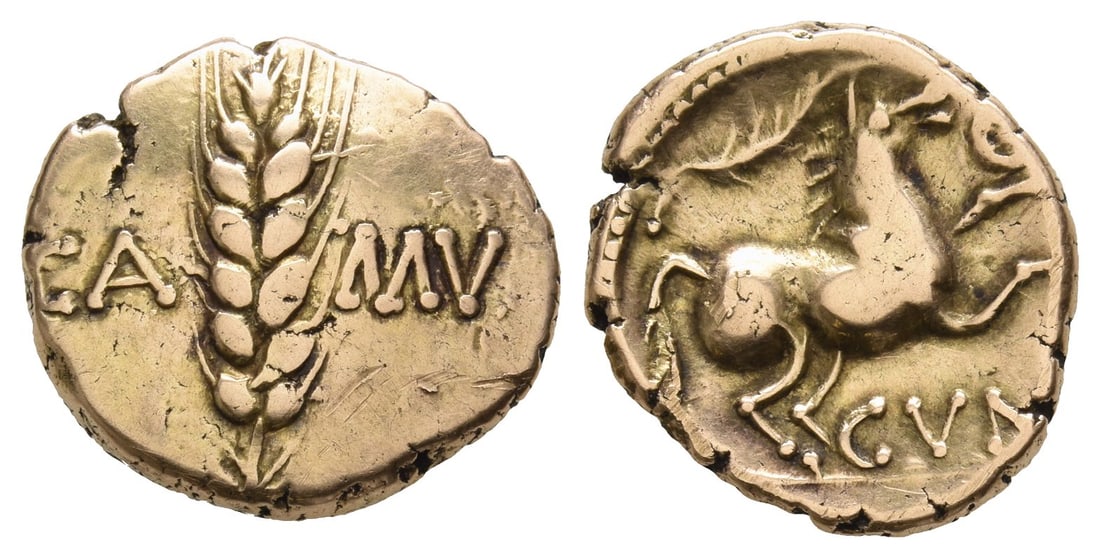 Celtic Britannia. Catuvellauni and Trinovantes, Cunobelin AV Stater.: Circa AD 10-20. Camulodunum (Colchester) mint. CA-MV, grain ear / CVN, horse leaping to right; above, branch; in field to right, pellet-in-annulet. ABC 2777; Van Arsdell 1931-7; BMC 1787-1792; SCBC 28