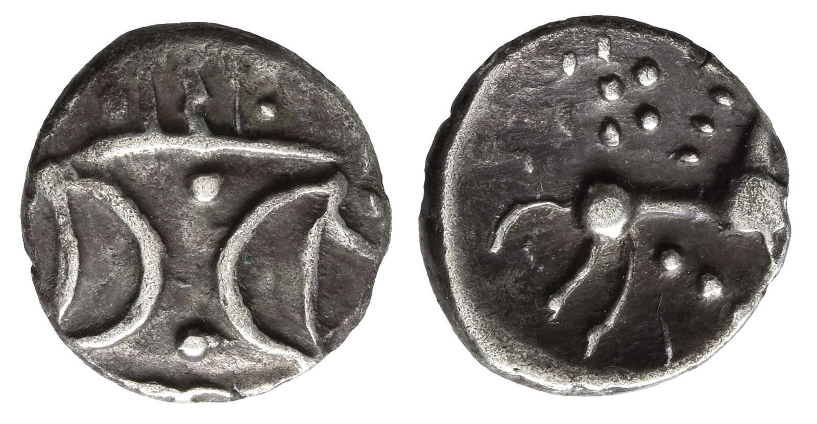 Celtic Britannia. Iceni, Ecen AR Unit.: Circa AD 25-38. Icenian J type. Two opposed crescents with pellets between, superimposed upon band of three lines / Horse advancing to right; sun above, three pellets in a line below. ABC 1678 & 1681;