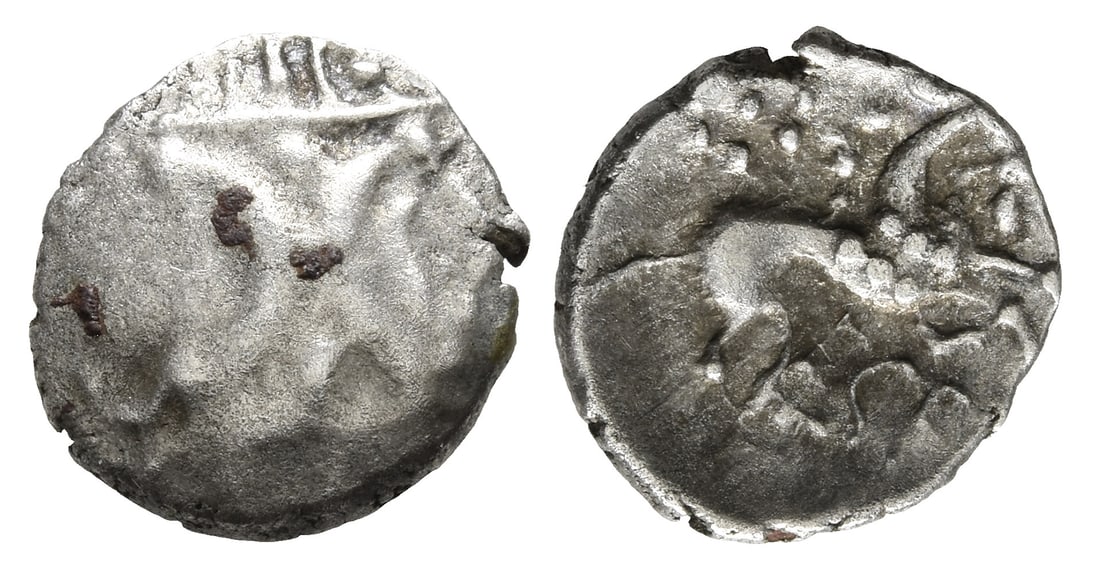 Celtic Britannia. Iceni, Ecen AR Unit.: Circa AD 25-38. Icenian H type. Two opposed crescents with pellets between, superimposed upon band of three lines surrounded by two lines of pellets / Horse advancing to right; sun above, ECE below. A