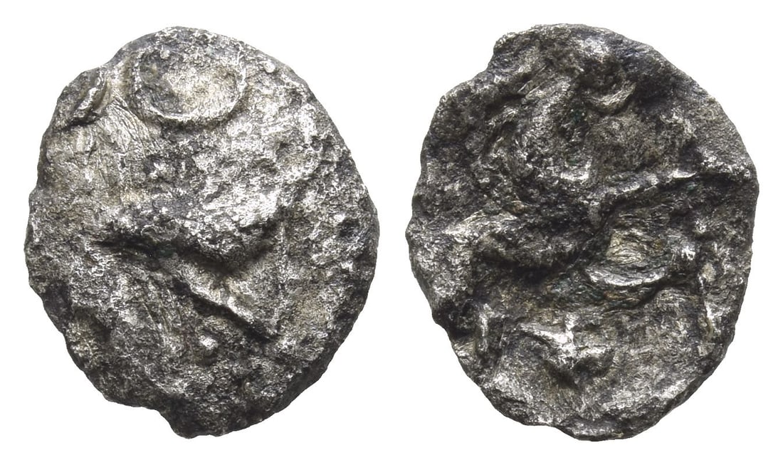 Celtic Britannia. Iceni AR Unit.: Circa 20 BC-AD 10. Norfolk boar star type. Stylised boar standing to right; four pellets below, ring above / Celticised horse prancing to right; star below. Cf. ABC 1579; cf. Van Arsdell 657; cf. SCBC