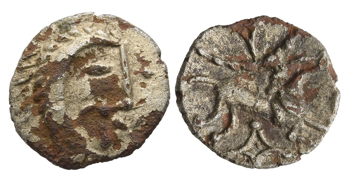 Celtic Britannia, Iceni Fourrée Unit.: 20 BC-AD 10. Norfolk God Moustache type. Male head to right, moustachioed, with oval eye, short dashes for hair with longer crescents behind, two trefoils before / Horse rearing to right, with cabled 