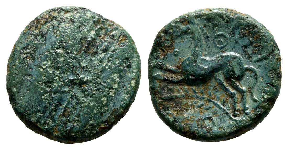 Celtic Britannia. The Trinovantes, Dubnovellaunos AE Unit.: Late 1st century BC-early 1st century AD. Vertical wreath with two back to back crescents flanked by two ringed pellets at centre / Horse prancing left on branch. ABC 2392 var. 3.52gr, 16mm, 1h. Prope
