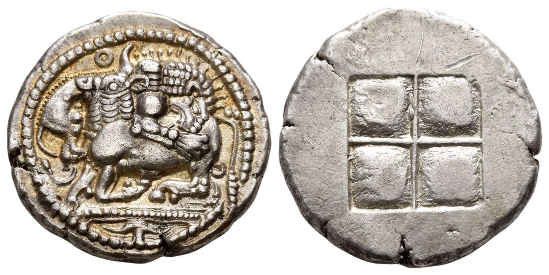 Macedon, Akanthos AR Tetradrachm.: Attic standard. Circa 525-470 BC. Lion attacking to right, biting into the hindquarter of bull kneeling to left and biting the leg of the lion; ? above, three ground lines below, the middle composed o
