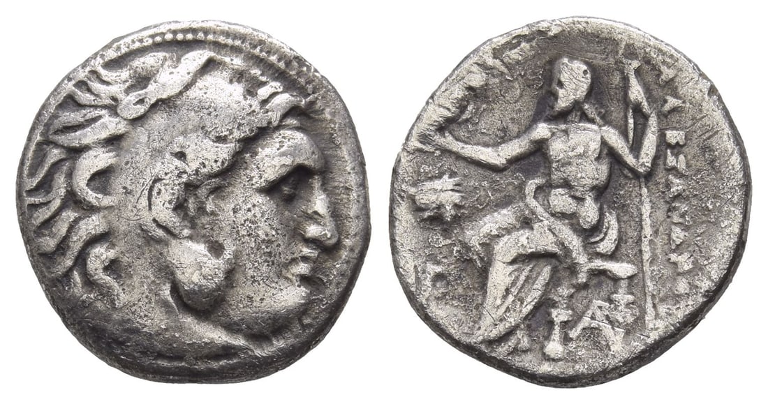 Kingdom of Macedon, Alexander III AR Drachm.: Struck under Lysimachos, circa 301/0-300/299 BC. Magnesia ad Maeandrum mint. Head of Herakles to right, wearing lion skin headdress, paws tied beneath chin / ??????????, Zeus seated to left on backles