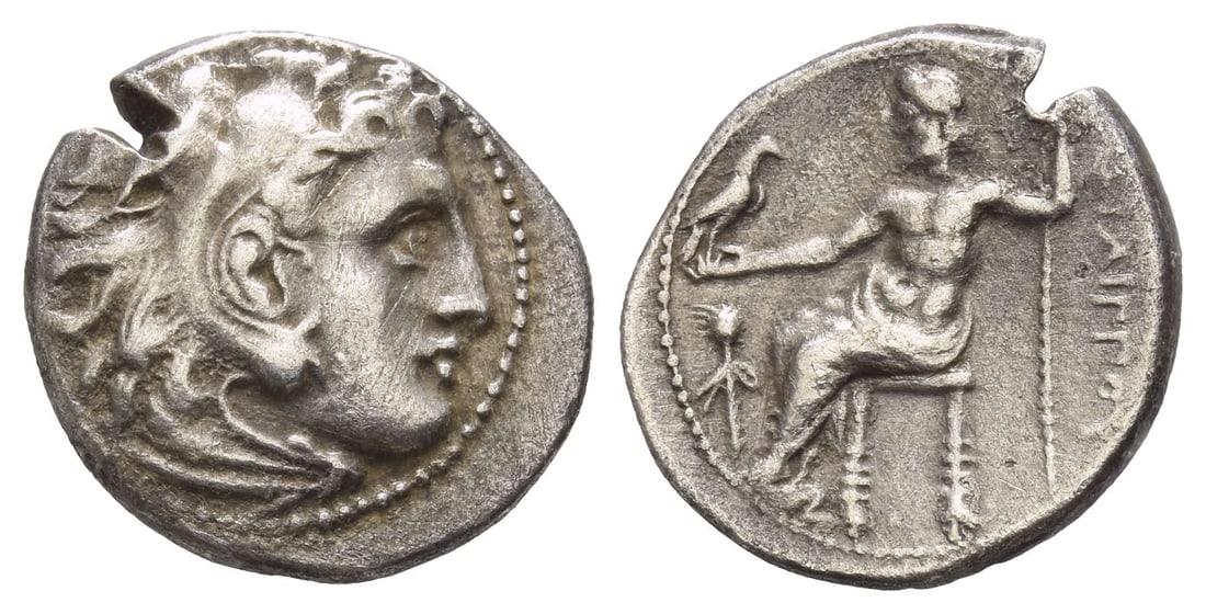 Kingdom of Macedon, Philip III Arrhidaios AR Drachm.: Struck under Menander or Kleitos, circa 323-319 BC. Magnesia ad Maeandrum mint. In the types of Alexander III. Head of Herakles to right, wearing lion skin headdress, paws tied beneath chin / ????????