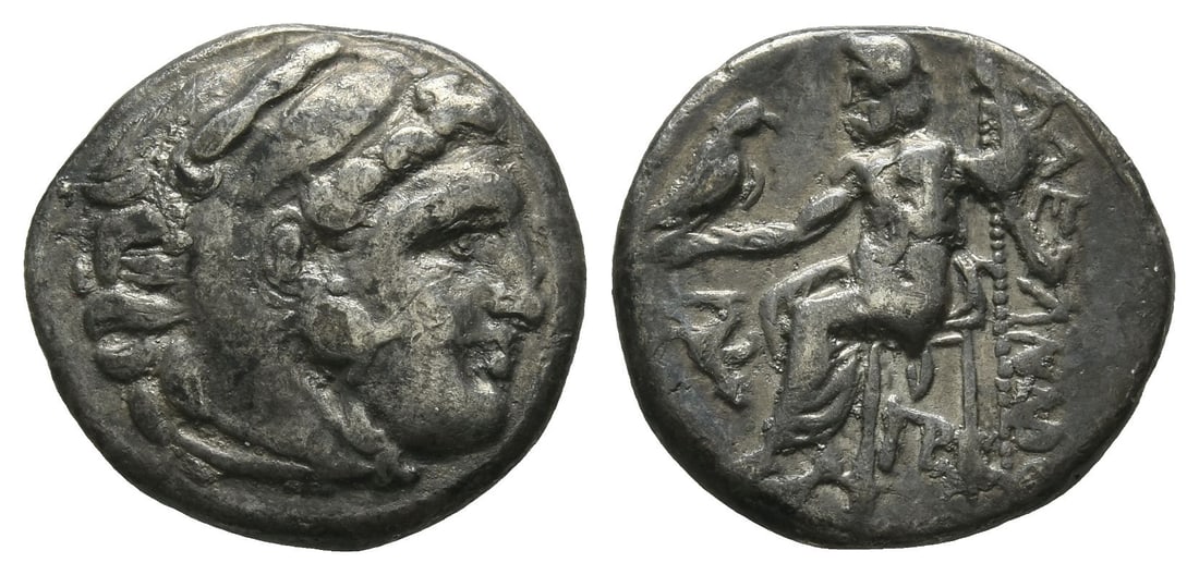 Kingdom of Macedon, Antigonos I Monophthalmos AR Drachm.: Struck circa 310-301 BC. Lampsakos mint. In the name and types of Alexander III of Macedon. Head of Herakles to right, wearing lion skin headdress, paws tied beneath chin / ?????????[?], Zeus seated t