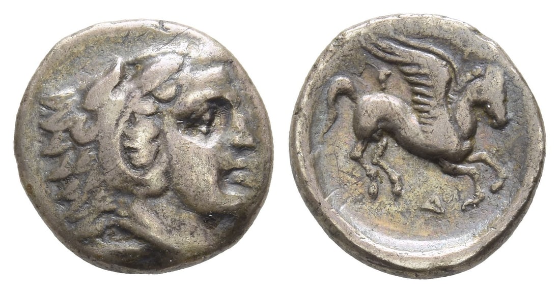 Illyria, Dyrrhachion AR Drachm.: c.275-270 BC. Reduced Korkyraian standard. Head of Herakles r., wearing lion skin / Pegasus flying r.; ? below. HGC 3.1, 36; SNG Lockett 2224. 2.30gr, 14mm, 3h. Property of a London, UK, private colle