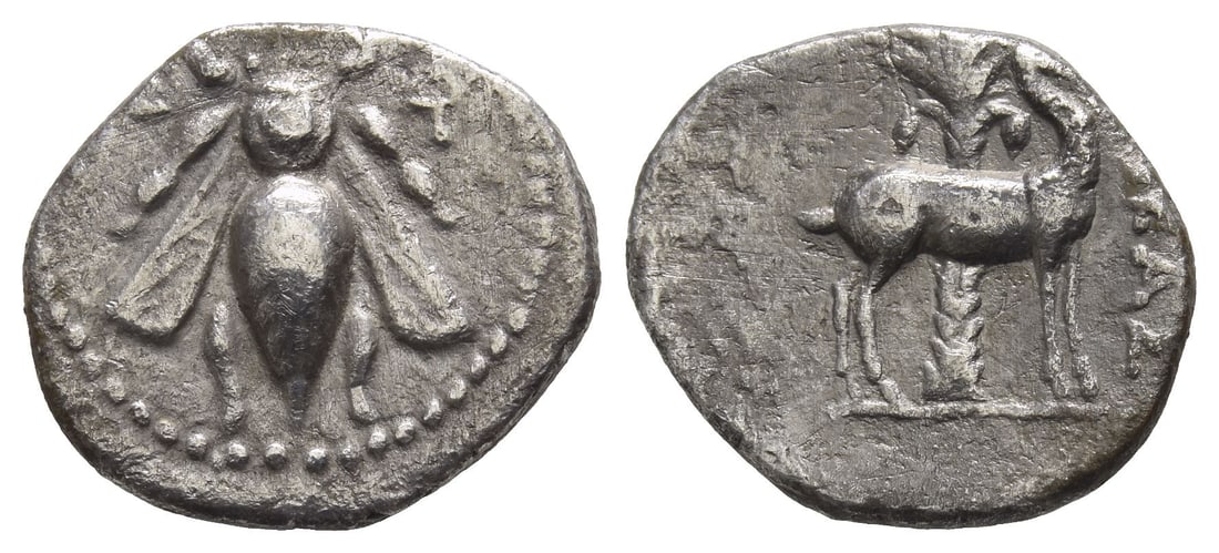 Ionia, Ephesos AR Drachm.: Circa 202-133 BC. ??????(?) (Pytheas), magistrate. E-? flanking bee / [..]???, stag standing to right; in background, palm tree with two date clusters. Cf. Kinns, Attic, p. 90. 3.56gr, 19mm, 12h. From
