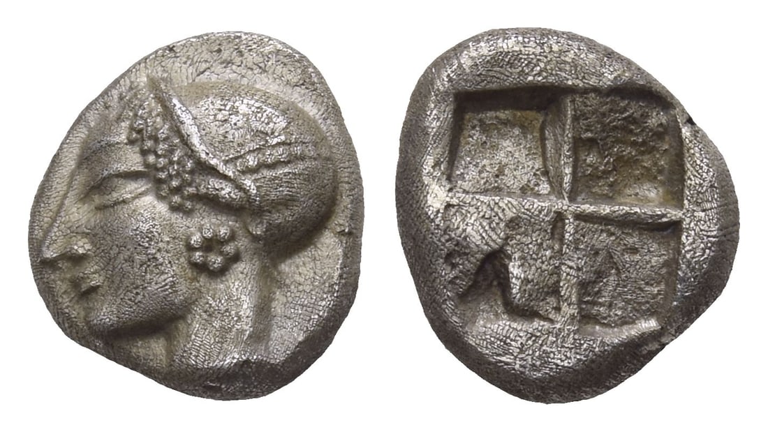 Ionia, Phokaia AR Diobol.: Circa 521-478 BC. Head of nymph to left, wearing sakkos / Quadripartite incuse square. Klein 452; SNG Copenhagen 389-394 (as uncertain mint); SNG Kayhan 522. 1.26gr, 10mm, 1h. Acquired on the European