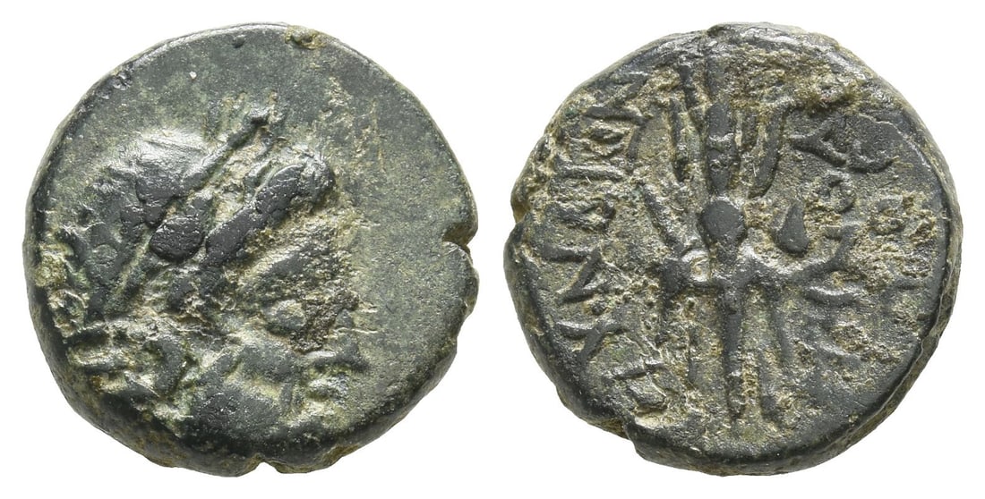 Caria, Myndos, AE 16mm.: 2nd-1st century BC. Laureate head of Zeus right / MYN???? / ????????OC, winged thunderbolt. SNG Keckman 245. 4.29gr, 16mm, 8h. Property of a London, UK, private collector. TimeLine Auctions follows a 