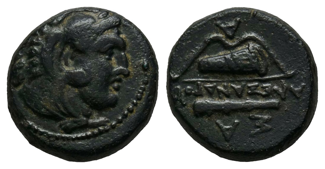 Cyprus, Salamis. Nikokreon AE Unit.: Struck circa 332/1-323 BC. In the name and types of Alexander III of Macedon. Head of Herakles to right, wearing lion skin / ??????????, club above quiver-within-bow; ?A above, A below. Price 3143; Za