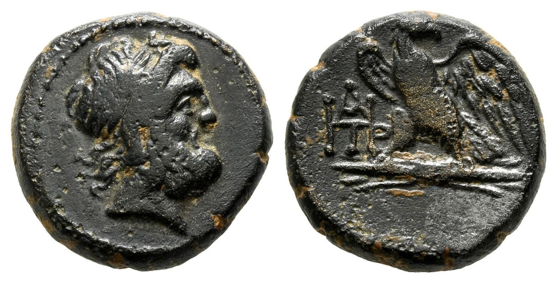 Kings of Galatia, Deiotaros AE 18mm.: Circa 62-40 BC. Laureate head of Zeus to right / Eagle standing to left, head to right, on thunderbolt; to left, monogram. HGC 7, 775. 6.35gr, 18mm, 1h. Property of a Cambridgeshire, UK, gentleman. Ti
