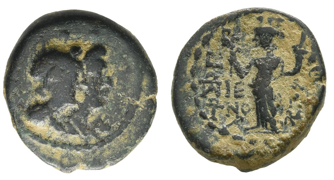 Phoenicia, Ake-Ptolemaïs AE 16mm.: Circa 41-40 BC. Jugate laureate and draped busts of the Dioscouri right, each surmounted by star / Tyche standing left on rudder, holding aphlaston, cornucopia, and palm branch; monogram to left. Kadm