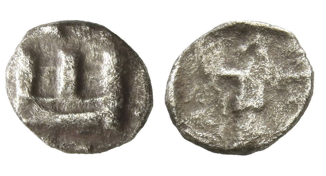 Phoenicia, Sidon. Uncertain Ruler AR Thirty-Second Shekel.: 5th century BC. Phoenician galley to left before city wall with three towers; [in exergue, lion couchant to left] / King of Persia advancing to right, drawing bow, quiver over shoulder. Cf. HGC 10, 23