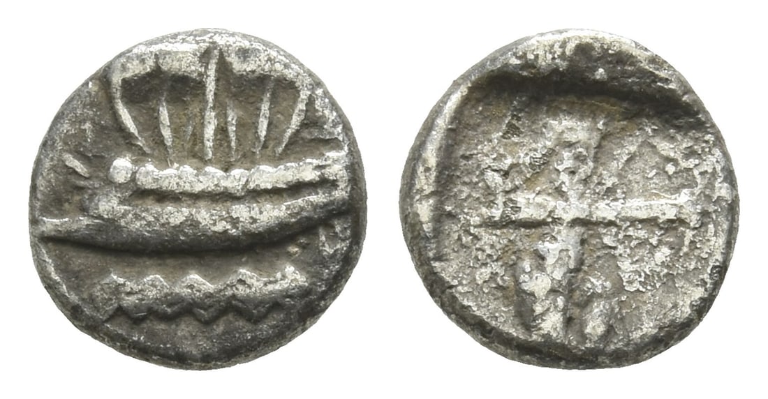 Phoenicia, Sidon. Uncertain king AR 1/16 Shekel.: Circa 435-425 BC. Phoenician galley under sail to left; waves below / Persian king or hero in kneeling-running stance to right, drawing bow, within incuse square. E&E-S Group II.4; HGC 10, 217. 0.79gr