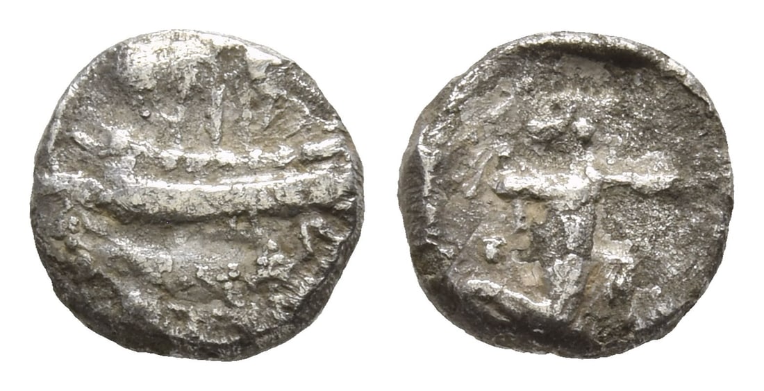 Phoenicia, Sidon. Uncertain king AR 1/16 Shekel.: Circa 435-425 BC. Phoenician galley under sail to left; waves below / Persian king or hero in kneeling-running stance to right, drawing bow, within incuse square. E&E-S Group II.4; HGC 10, 217. 0.69gr