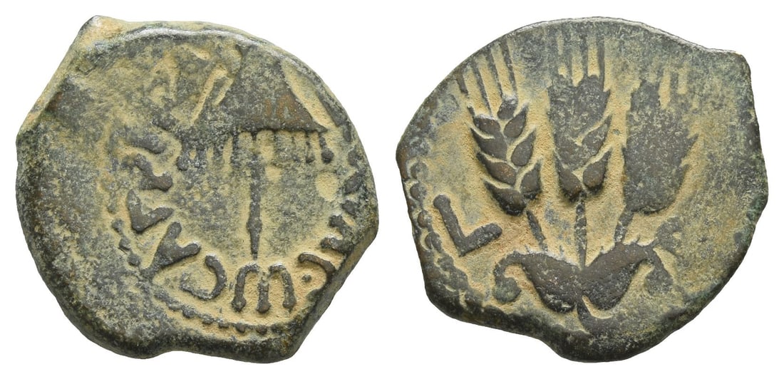 Judaea. Herodians, Agrippa I AE Prutah.: Dated RY 6 (41/2 CE). Jerusalem mint. BACI???C A?PI?A, canopy / Three ears of corn; L ? (date) across fields. RPC I, 4981; TJC 120; Hendin GBC 6, 6274; Hendin GBC 5, 1244; Sofaer 153-6. 2.64gr, 19mm, 