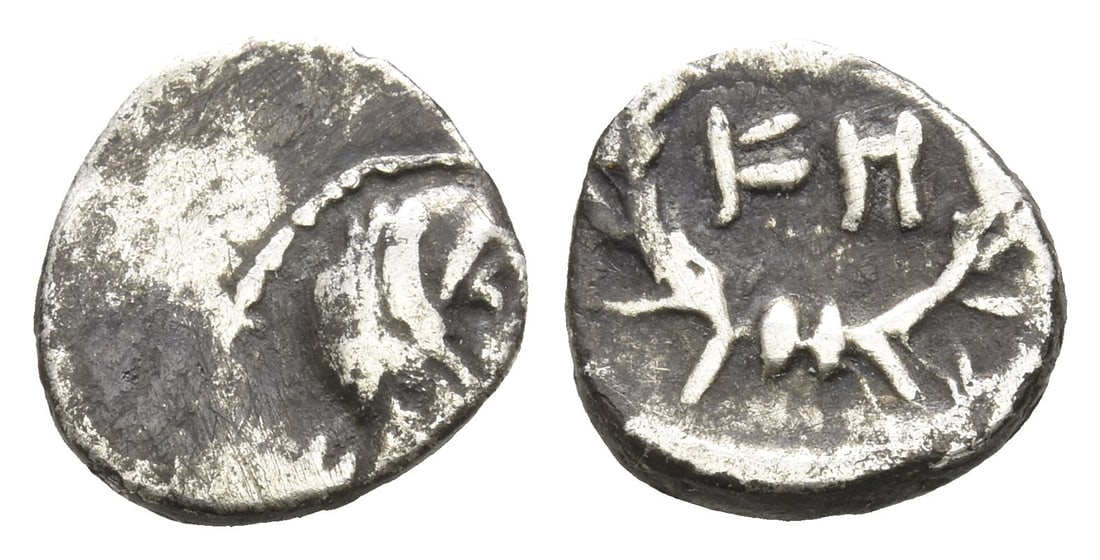 Nabataea, Syllaios, with Aretas IV AR Quarter Sela'-Drachm.: 9-6 BC. Petra mint. Diademed head of Obodas III to right; [Aramaic letter before] / Aramaic 'shin' (Syllaios) and 'het' (Aretas) within wreath. Cf. Barkay, Usurper 4; cf. Huth 60; cf. Meshorer, Nabata