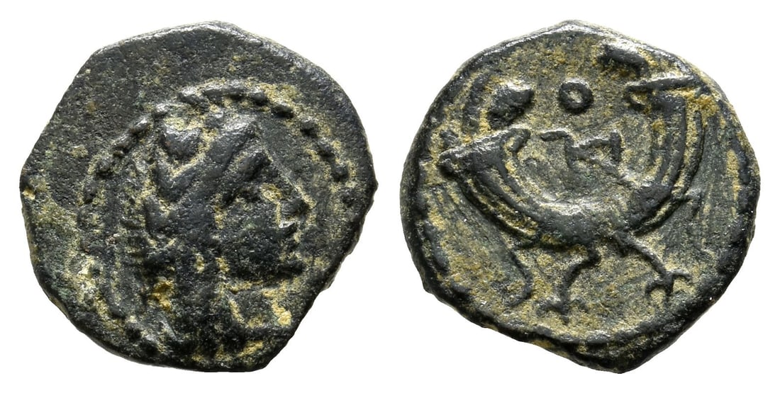 Nabataea, Aretas IV AE 13mm.: Struck circa 8/7 BC-AD 15/6. Petra mint. Laureate head to right / Crossed cornucopiae; Aramaic letter in between. CN 150m; Meshorer, Nabataea 71. 1.64gr, 13mm, 12h. Property of a North London, UK, gen