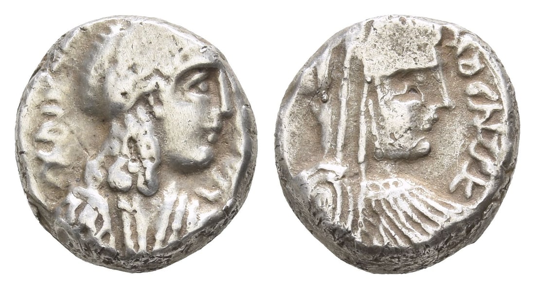 Nabataea, Rabbel II, with Shaqilat AR Sela'-Drachm.: Dated RY 4 (AD 73/4). Petra mint. Laureate and draped bust of Rabbel to right; date in legend to left / Veiled, laureate, and draped bust of Shaqilat to right. Meshorer, Nabataea 145; DCA 984. 3.68gr,