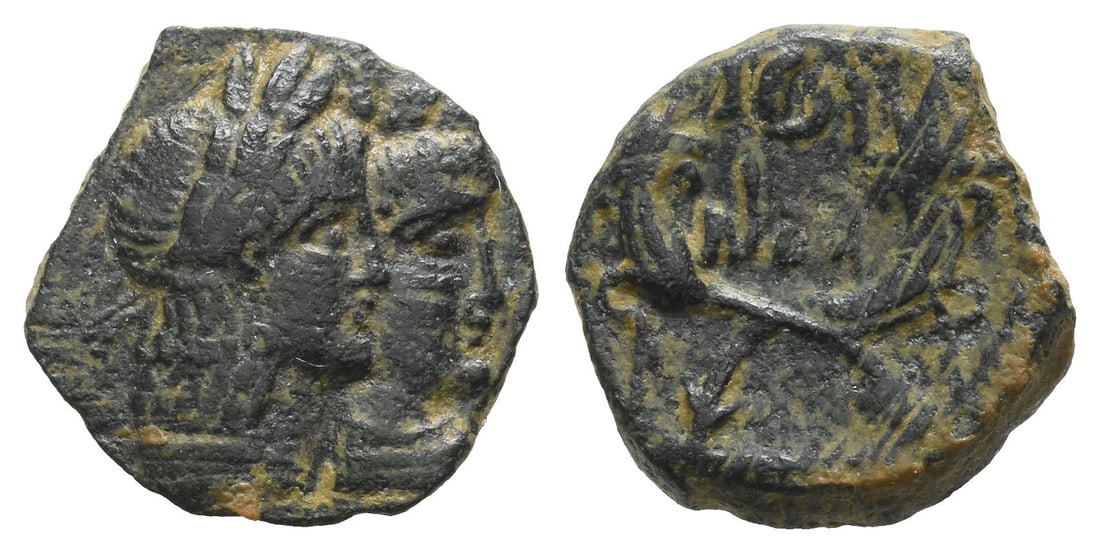 Nabataea, Rabbel II, with Gamilat AE 16mm.: Struck circa AD 88/9-106/6. Petra mint. Jugate laureate and draped busts of Rabbel and Gamilat to right / Crossed cornucopiae; legend in Aramaic between and below. CN 235; Meshorer, Nabataea 163. 2.99