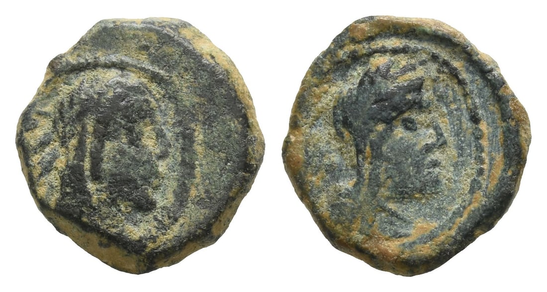 Nabataea, Rabbell II, with Gamilat AE 12mm.: AD 70-106. Petra mint. Laureate head of Rabbell to right / Veiled head of Shaqilat to right. Cf. Meshorer, Nabataea 153-4. 1.48gr, 12mm, 12h. From the collection of a gentleman, acquired on the London
