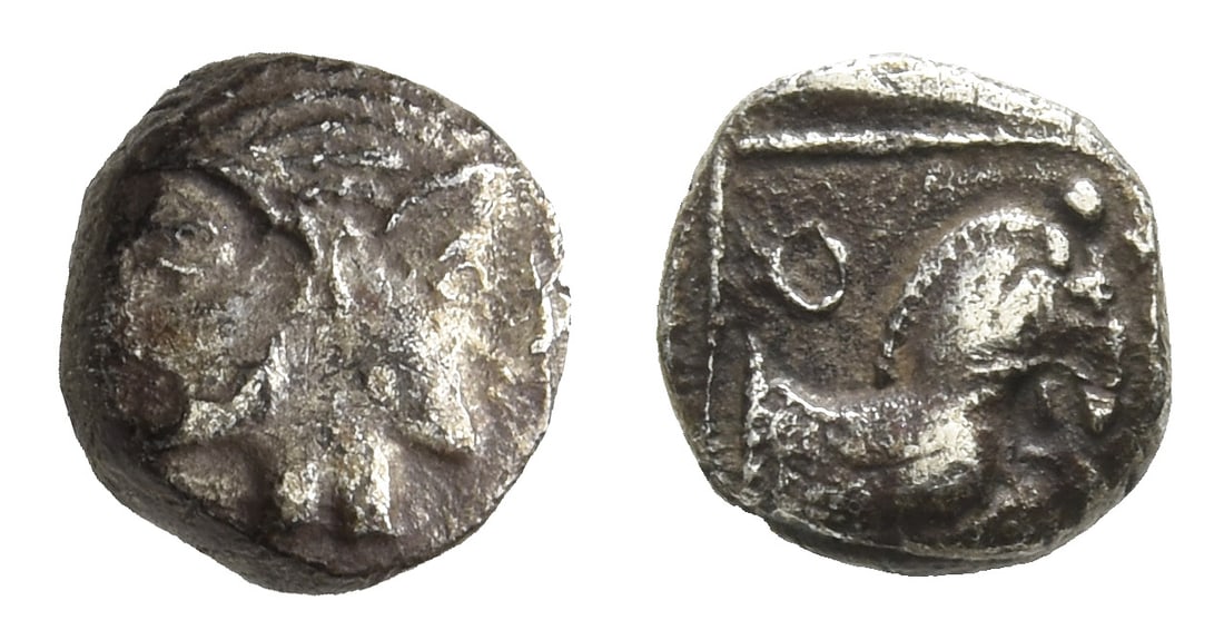 Philistia (Palestine) Gaza AR Obol.: Mid 5th century-333 BC. Janiform head / Forepart of horse to right; Aramaic letter to upper left; all in linear square within incuse square. Gitler & Tal VI.8O; HGC 10, 567. 0.70gr, 8mm, 2h. From the 