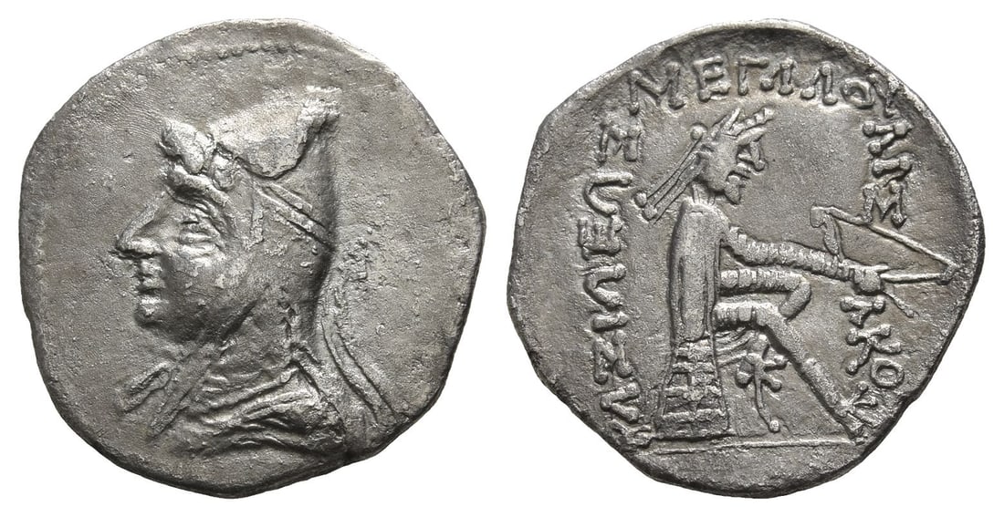 Kings of Parthia, Phriapatios to Mithradates I AR Drachm.: Circa 185-132 BC. Uncertain mint. Diademed and draped bust to left, wearing bashlyk / B??I?E?? ??????? ?P??KOY, Archer (Arsakes I) seated to right on omphalos, holding bow. Cf. Sellwood 10.1 (Mithrada