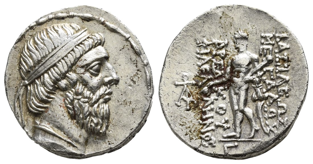 Kings of Parthia, Mithradates I AR Tetradrachm.: Dated SE 173 (140/139 BC). Seleukeia on the Tigris mint. Diademed and draped bust of Mithradates I to right / BA?I?E?? ME-?A?OY AP?A-KOY ?I?E?-?HNO?, Herakles standing to left, holding skyphos in his 