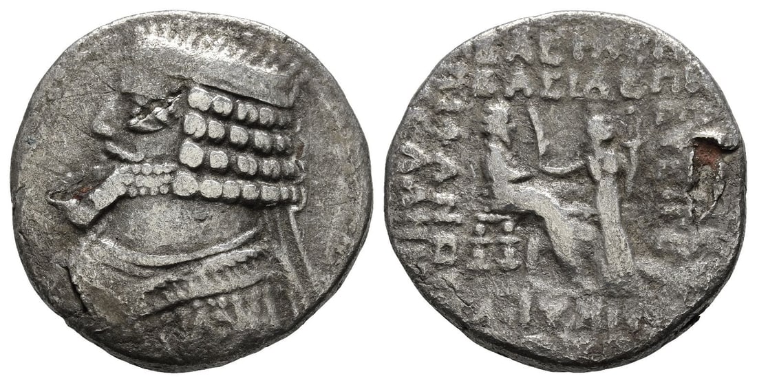Kings of Parthia, Phraates IV Fourrée Tetradrachm.: Circa 38/7-2 BC. Seleukeia on the Tigris mint. Uncertain date. Diademed and draped bust to left / BA?I?E?C BA?I?E?N AP?AKOY EYEP?ETOY ?IKAIOY E?I?ANOY? ?I?E??HNO?, Phraates seated to right on throne, 