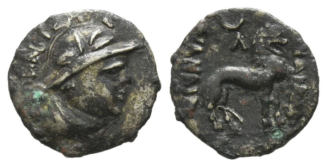 Da Yuezhi Rulers of Baktria, Sapadbizes AR Hemidrachm.: Early 1st century BC. CA?????[?HC], helmeted bust right / ??????, lion standing right, crescent and ? above. ANS 1-2; HGC 12, 516; MIG 4, 509; Alram 1259. 1.57gr, 15mm, 12h. Property of a London, UK, 