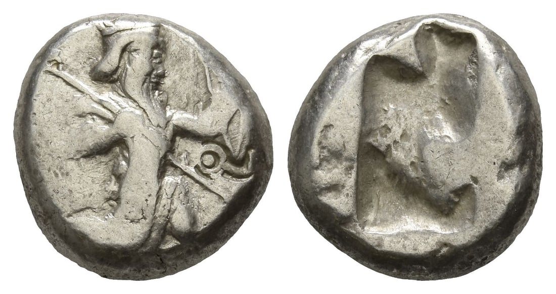 Persia. Achaemenid Empire, Time of Artaxerxes I to Artaxerxes II AR Siglos.: Lydo-Milesian standard. Circa 450-375 BC. Sardes or subsidiary mint. Type IIIb (late). Persian king or hero, wearing kidaris and kandys, quiver over shoulder, in kneeling-running stance to right, hold