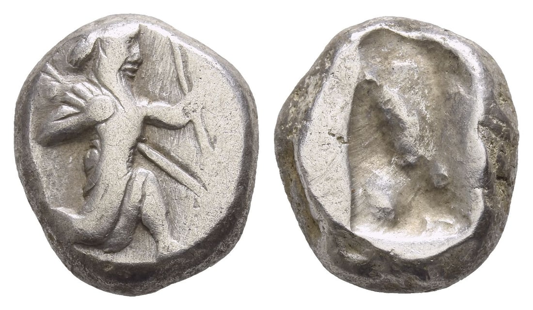 Persia. Achaemenid Empire, Time of Artaxerxes I to Artaxerxes II AR Siglos.: Circa 450-375 BC. Sardes or subsidiary mint. Type IIIb (late). Lydo-Milesian standard. Persian king or hero, wearing kidaris and kandys, quiver over shoulder, in kneeling-running stance to right, hold