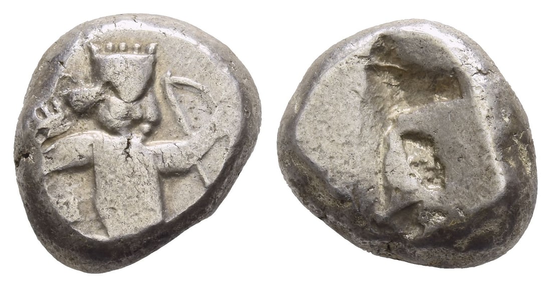 Persia. Achaemenid Empire, Time of Darius II to Artaxerxes II AR Siglos.: Circa 420-375 BC. Sardes mint or subsidiary mint. Type IV (middle) B. Lydo-Milesian standard. Persian king or hero, wearing kidaris and kandys, quiver over shoulder, in kneeling-running stance to righ